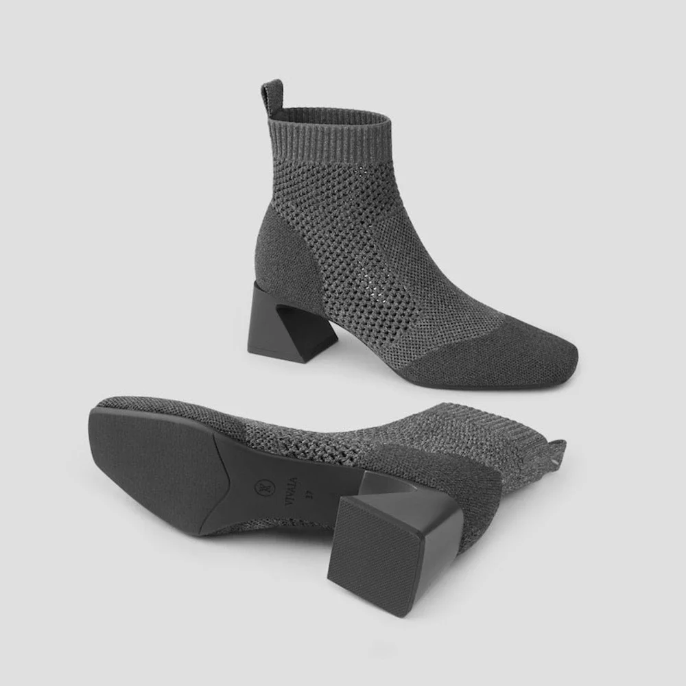 VIVAIA Grey Knit Sock Ankle Boots‎ Block Heel Square Toe Size US 7.5 EU 38.5